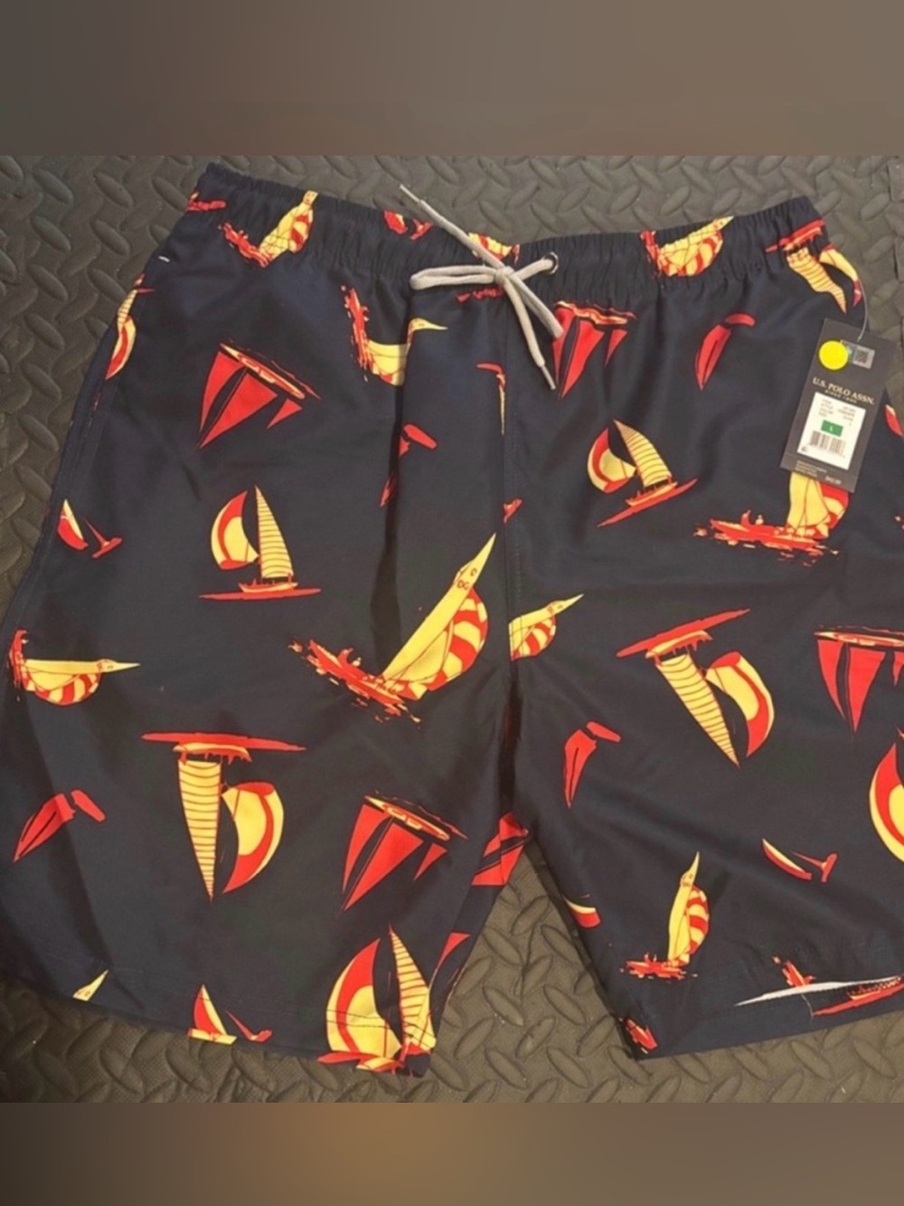NWT U.S. Polo Assn. Navy Board Shorts with Red & Yellow Sailboat Print